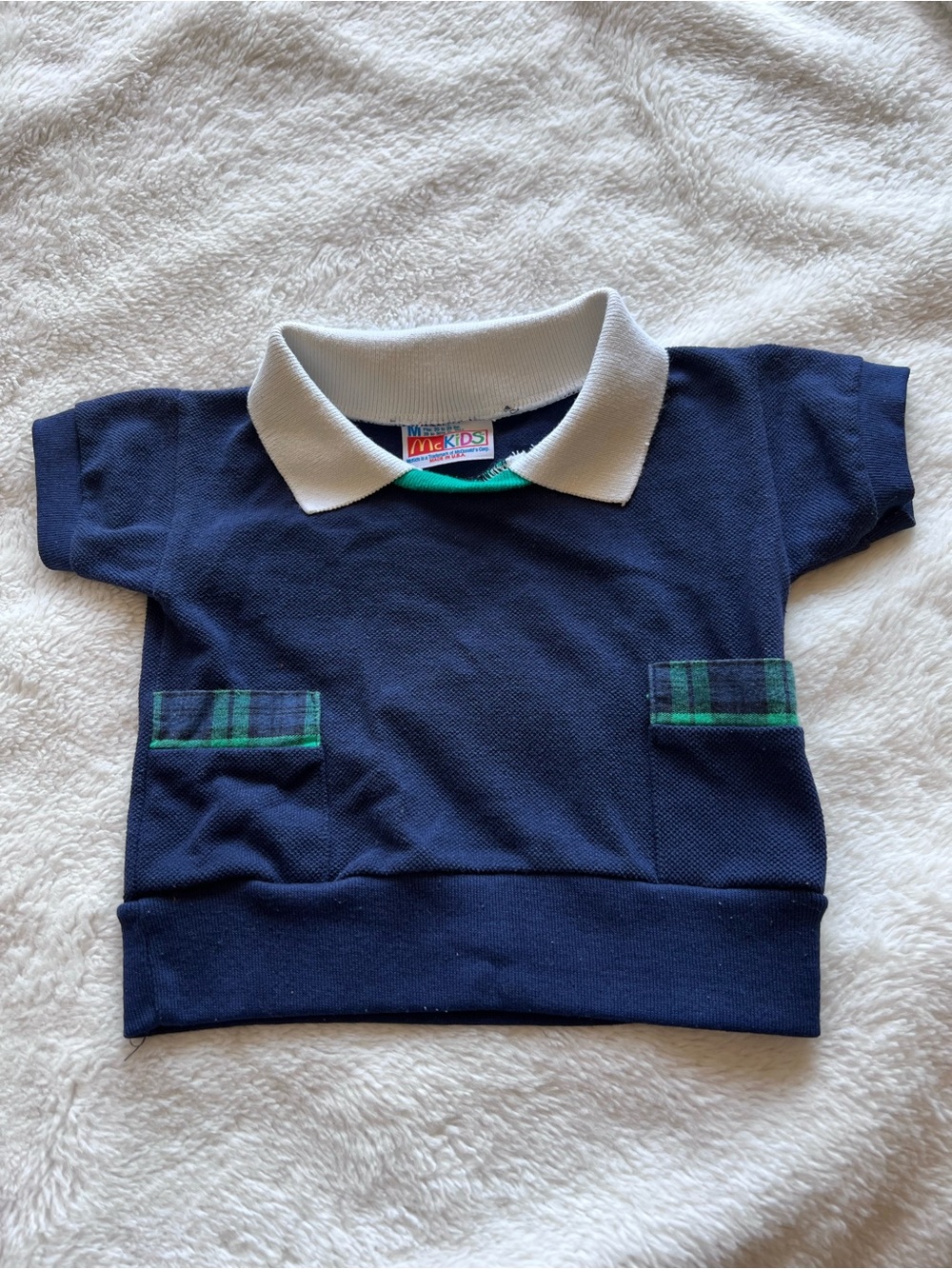 Kids Navy Polo Top with White Collar and Green Plaid Accents